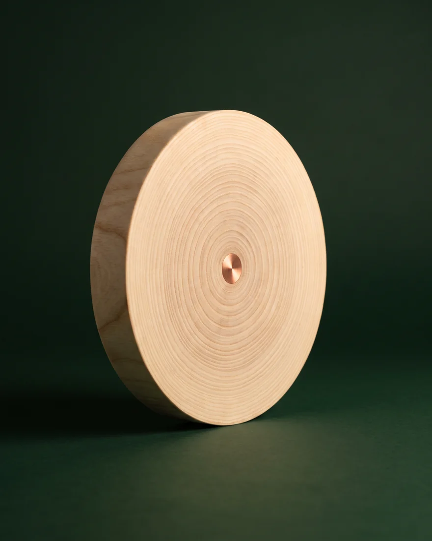 A slice of pale wood with fine growth rings around a small copper core
